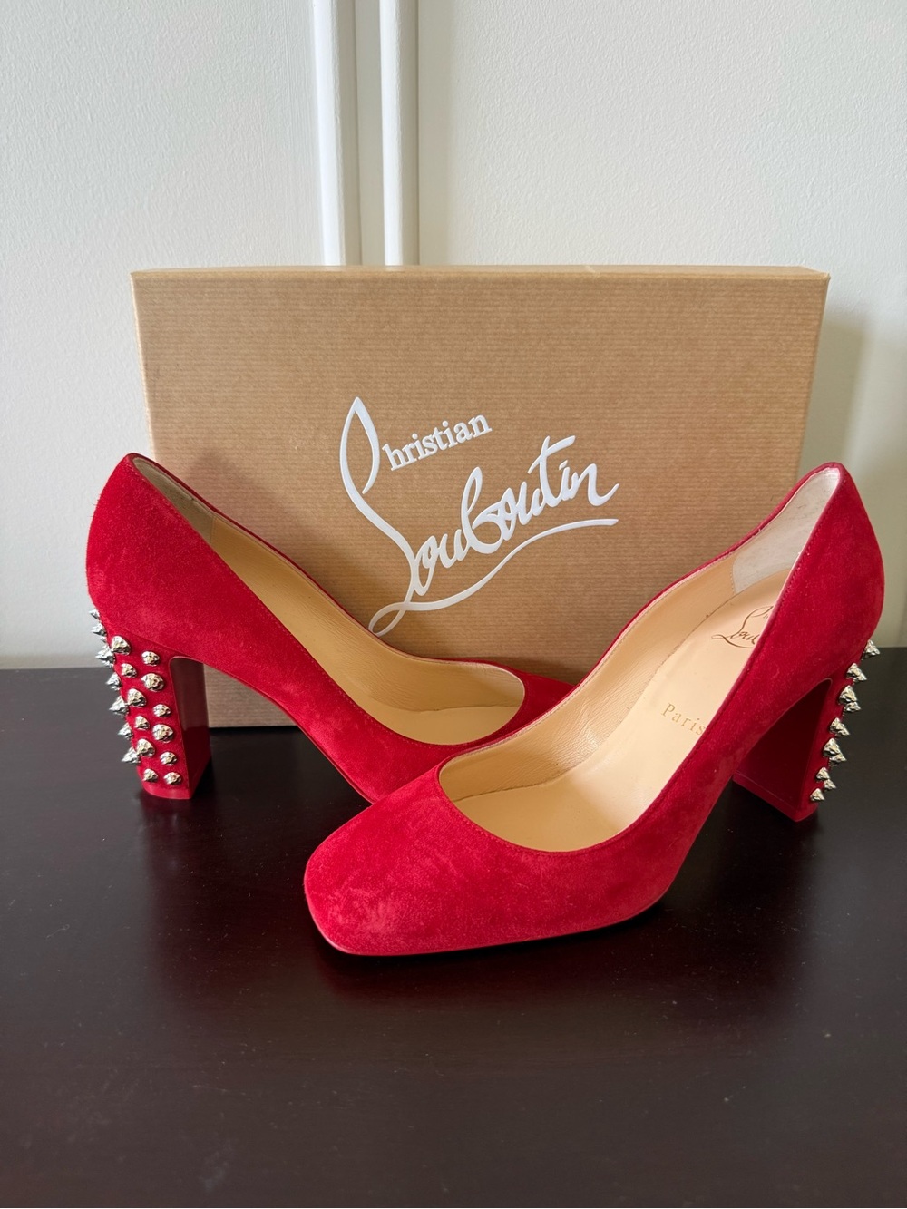 Christian Louboutin Red Suede Donna Studded Block Heels
